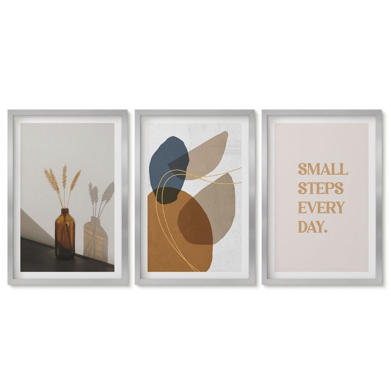 Trzy obrazy w srebrnej ramie zestaw Tulup 40x60 cm Abstrakcyjne kształty zestaw Obrazy do kuchni w ramie 1 kpl