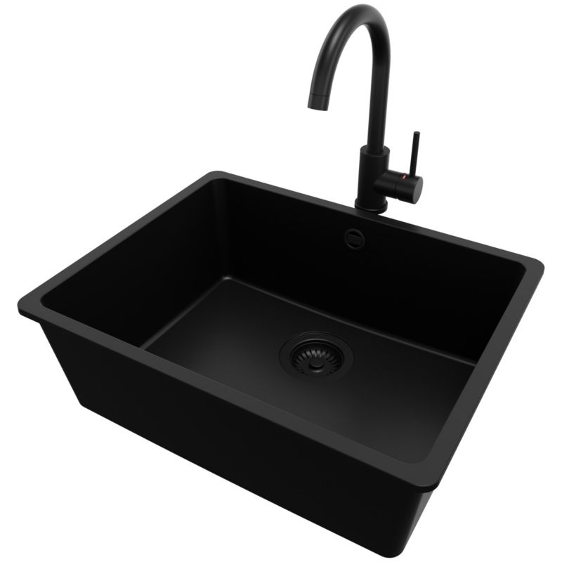 Zlew Granitowy Narożny Wenecja Easy Slim PRIMAGRAN Nablatowy 56x44cm, Cały Czarny + Bateria + Syfon, S072, 1 szt.