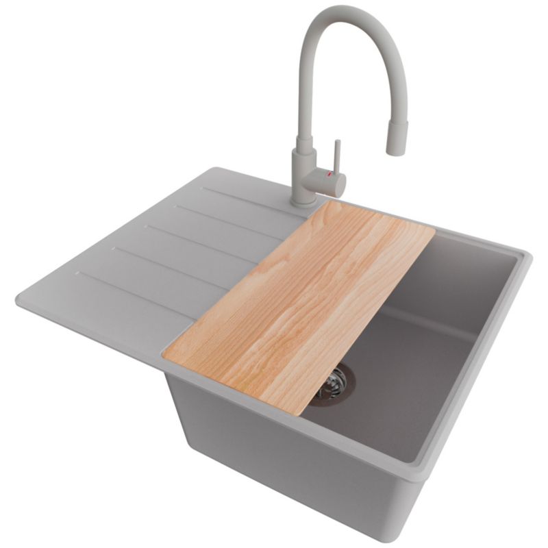 Zlew Granitowy Narożny Kopenhaga PRIMAGRAN Nablatowy 62x50cm do Szafki od 45cm, Szary + Bateria + Syfon + Deska, S275, 1 szt.