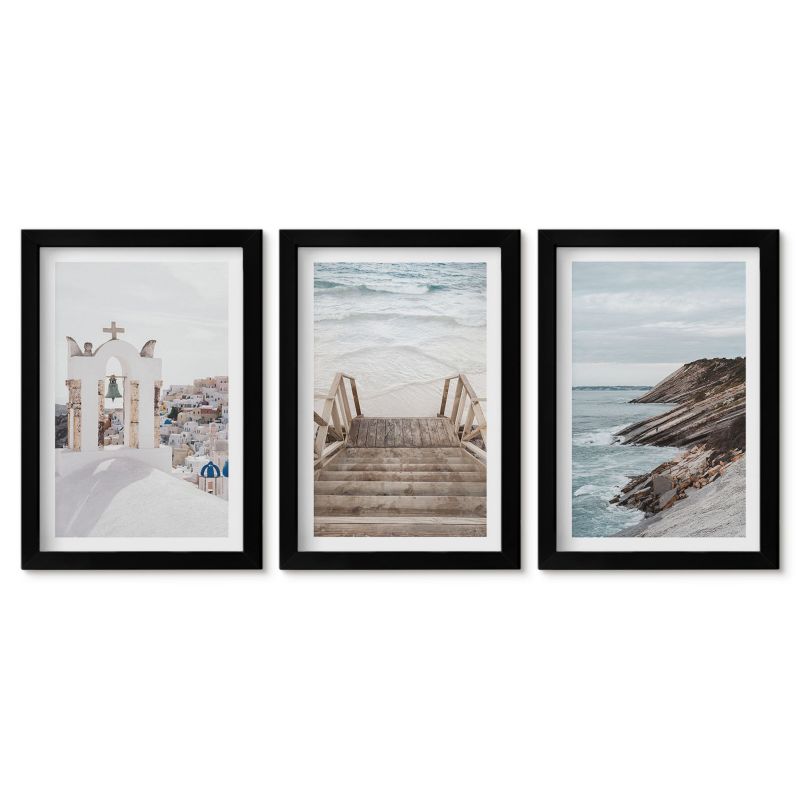 Zestaw 3 obrazów w czarnych ramach Tulup 20x30 cm Morze architektura Santorini Małe obrazy do kuchni w ramie 1 kpl