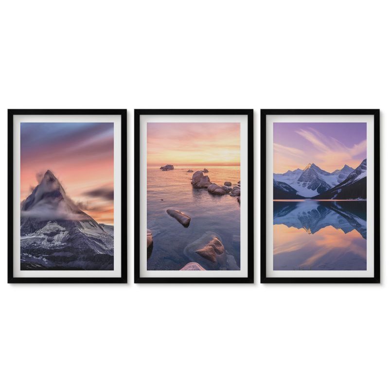 Tryptyk w czarnej ramie Tulup 40x60 cm Krajobraz gór jezioro zachód Obrazy do kuchni w ramie 1 kpl