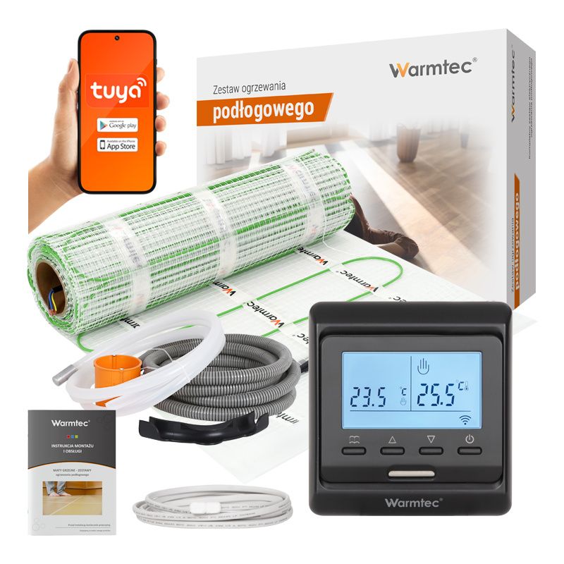 Mata grzewcza grzejna pod płytki Warmtec 12m² 100W/m² Wi-Fi zestaw czarny regulator DSE-120/T510 1szt.