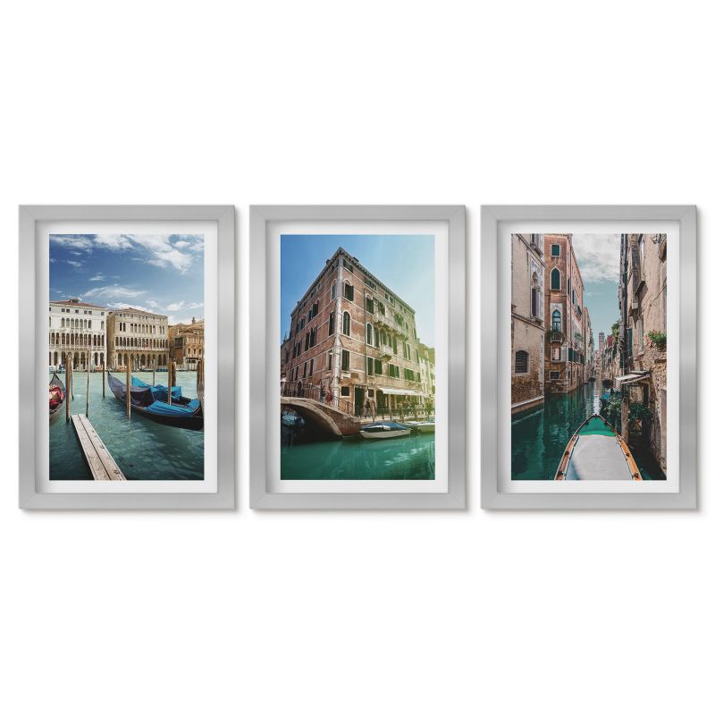 Trzy obrazy w srebrnej ramie zestaw Tulup 20x30 cm Wenecja kanały architektura Małe obrazy do kuchni w ramie 1 kpl