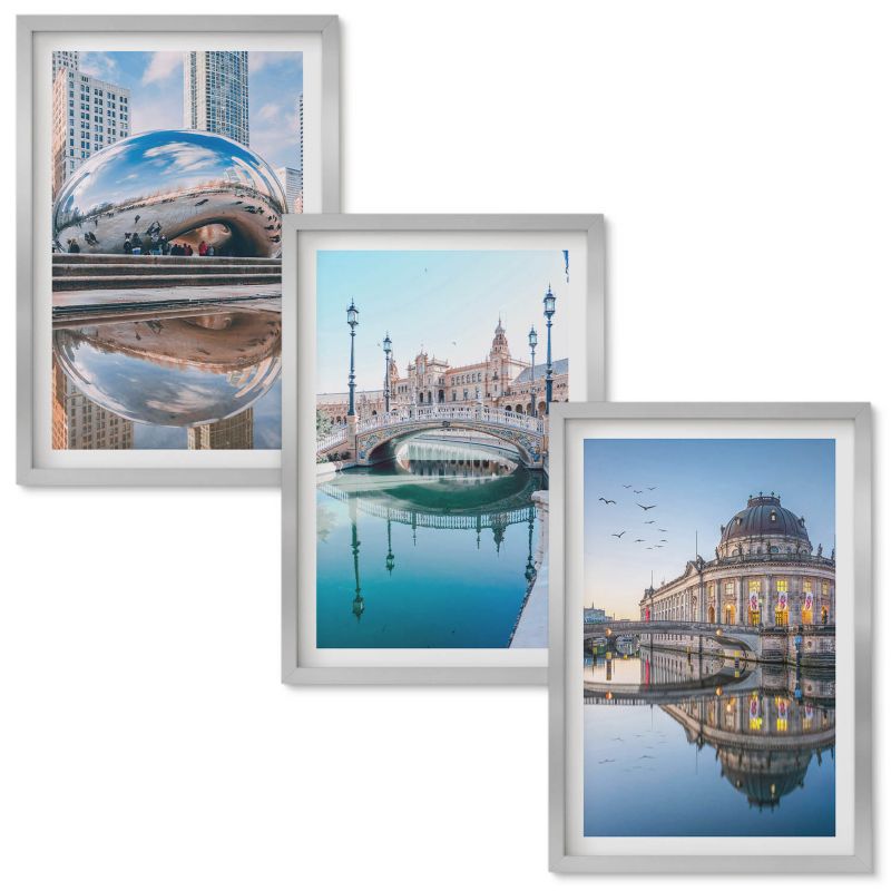 Obrazy do Salonu Wallfluent Architektura miast w wodzie Srebrna rama 40x60 cm 3 szt.