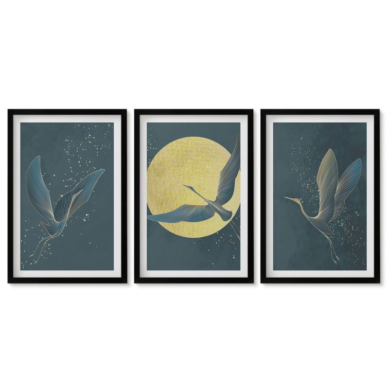 Trzy obrazy w czarnej ramie zestaw Tulup 40x60 cm Żurawie w locie nocą Obrazy do kuchni w ramie 1 kpl