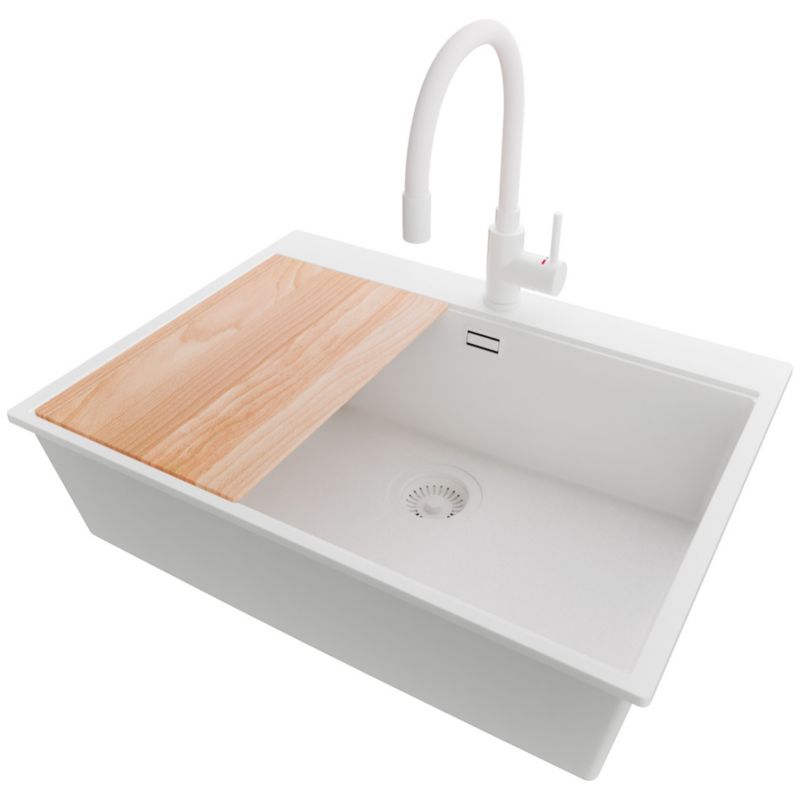 Zlew Granitowy Narożny Oslo Top PRIMAGRAN Nablatowy 68x50cm do Szafki od 70cm, Cały Biały + Bateria + Syfon + Deska, S516, 1 szt.