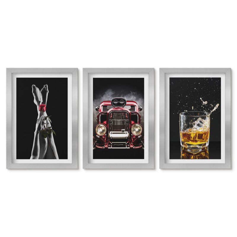 Trzy obrazy w srebrnej ramie zestaw Tulup 20x30 cm Kobiece nogi róża auto whisky Małe obrazy do kuchni w ramie 1 kpl