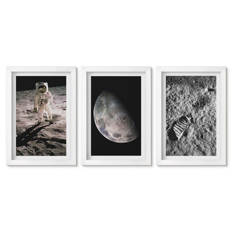 Zestaw 3 obrazów w białych ramach Tulup 20x30 cm Astronauta Księżyc zdjęcie Małe obrazy do kuchni w ramie 1 kpl