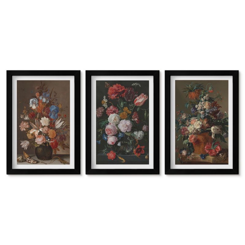 Tryptyk w czarnej ramie Tulup 20x30 cm Kwiaty w wazonach kompozycje Małe obrazy do kuchni w ramie 1 kpl
