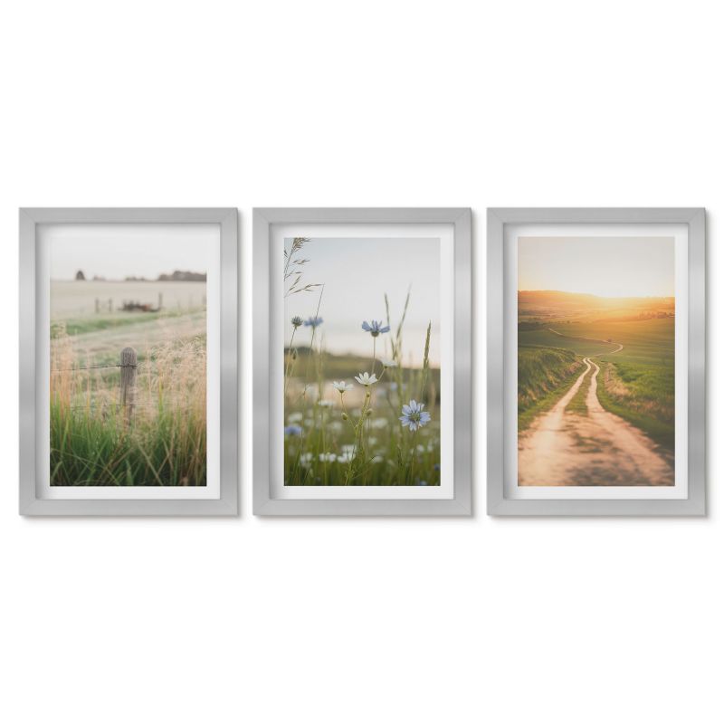 Zestaw 3 obrazów w srebrnej ramie Tulup 20x30 cm Krajobrazy natury pola ścieżka Małe obrazy do kuchni w ramie 1 kpl
