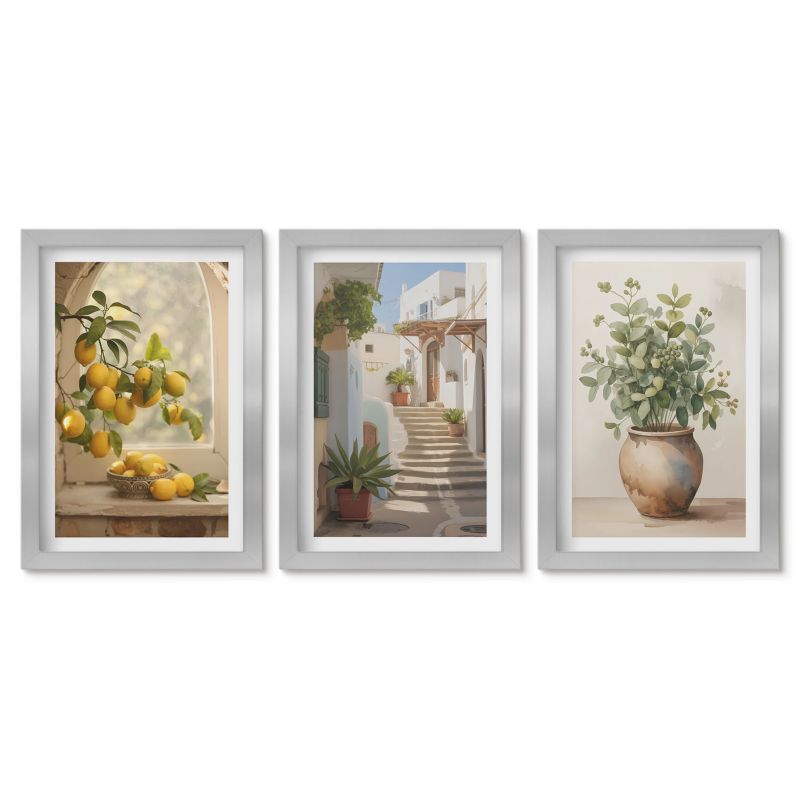 Trzy obrazy w srebrnej ramie zestaw Tulup 20x30 cm Cytryny w wazonie rośliny Małe obrazy do kuchni w ramie 1 kpl