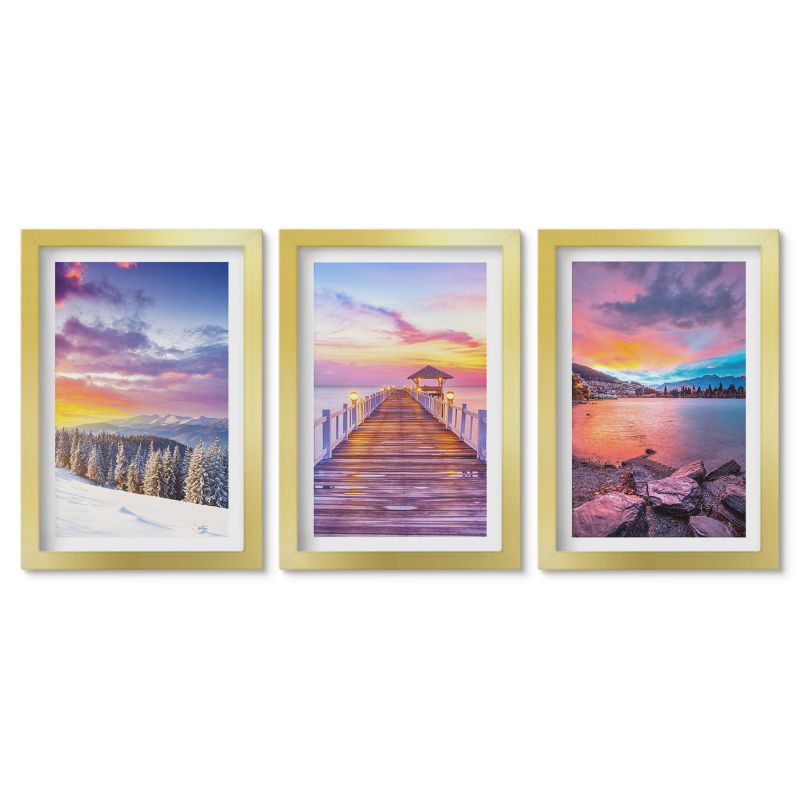 Zestaw 3 obrazów w złotych ramach Tulup 20x30 cm Zimowy krajobraz górski jezioro Małe obrazy do kuchni w ramie 1 kpl