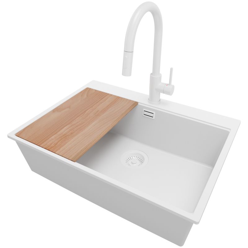 Zlew Granitowy Narożny Oslo Top PRIMAGRAN Nablatowy 68x50cm do Szafki od 70cm, Cały Biały + Bateria + Syfon + Deska, S510, 1 szt.