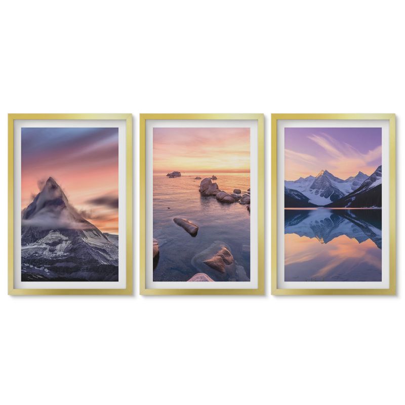 Tryptyk w złotej ramie Tulup 40x60 cm Krajobraz gór jezioro zachód Obrazy do kuchni w ramie 1 kpl