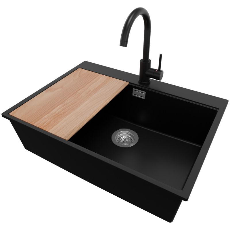 Zlew Granitowy Narożny Oslo Top PRIMAGRAN Nablatowy 68x50cm do Szafki od 70cm, Czarny + Bateria + Syfon + Deska, S501, 1 szt.