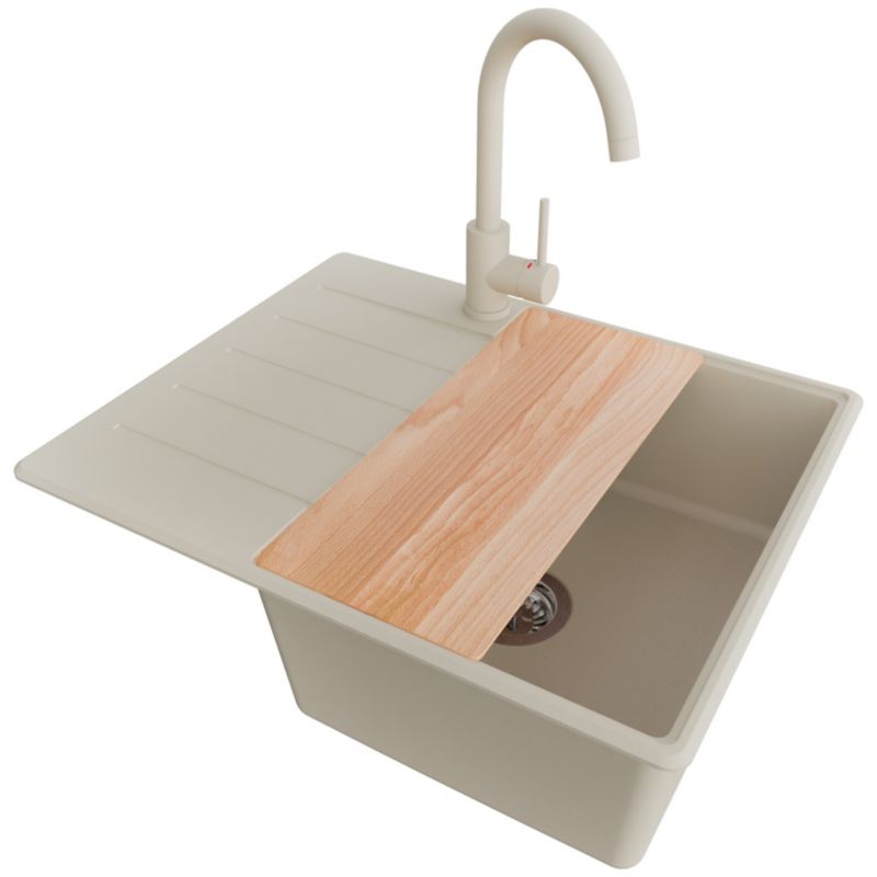 Zlew Granitowy Narożny Kopenhaga PRIMAGRAN Nablatowy 62x50cm do Szafki od 45cm, Beżowy + Bateria + Syfon + Deska, S261, 1 szt.