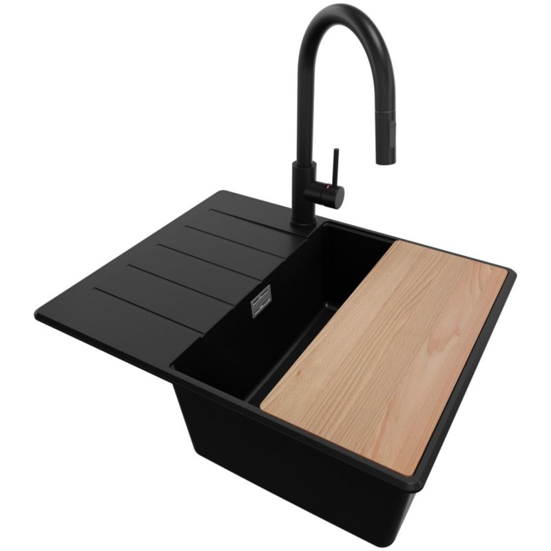 Zlew Granitowy Narożny Kopenhaga PRIMAGRAN Nablatowy 62x50cm do Szafki od 45cm, Czarny + Bateria + Syfon + Deska, S263, 1 szt.