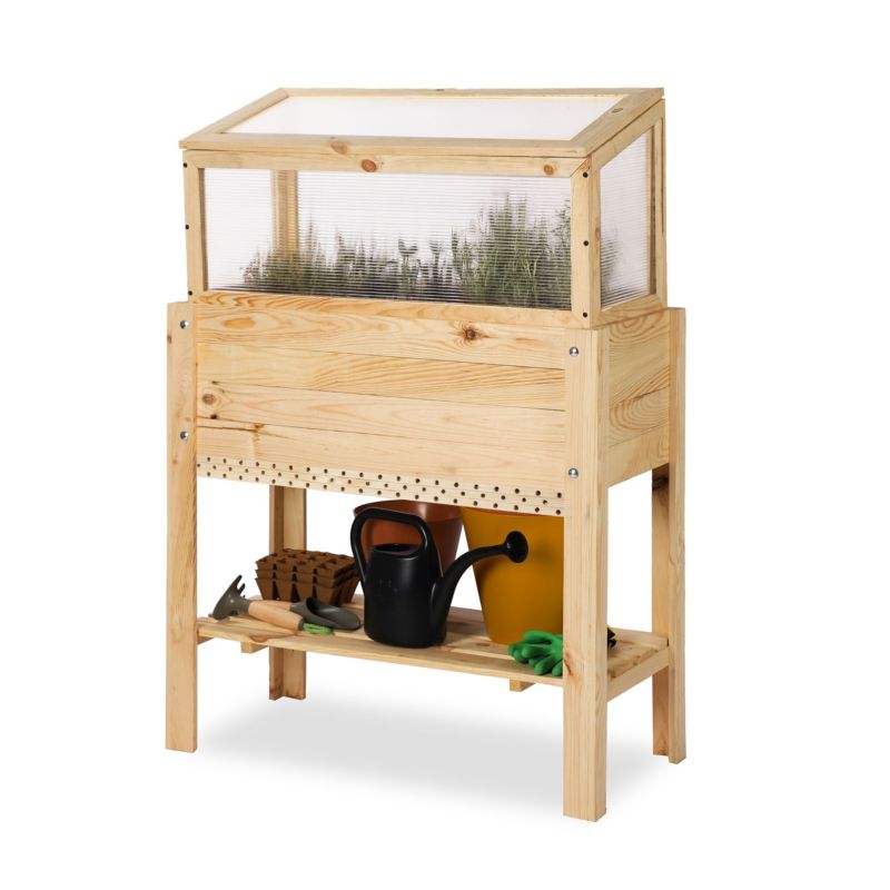 Mini szklarnia na nogach MODO24 drewniana 80 x 37 cm z domkiem dla owadów i 2 półkami bocznymi naturalne drewno 1 szt.