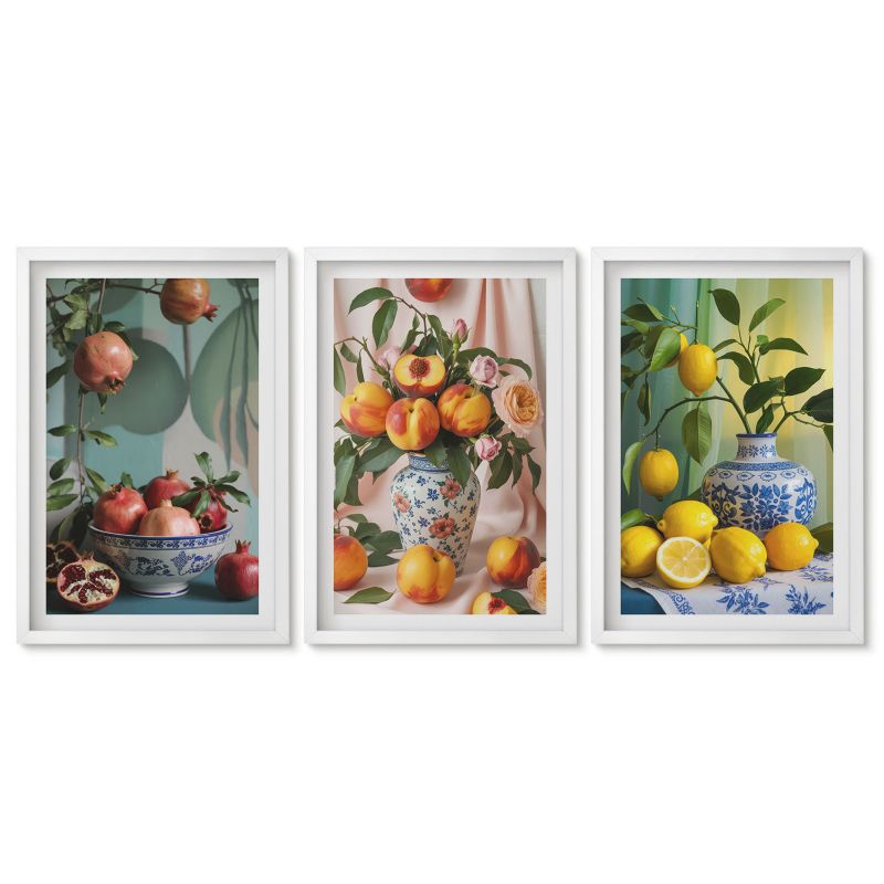Obrazy w białej ramie Tulup 40x60 cm Owoce granatu brzoskwinie cytryny Obrazy do kuchni w ramie 1 kpl