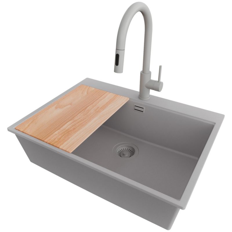 Zlew Granitowy Narożny Oslo Top PRIMAGRAN Nablatowy 68x50cm do Szafki od 70cm, Cały Szary + Bateria + Syfon + Deska, S512, 1 szt.