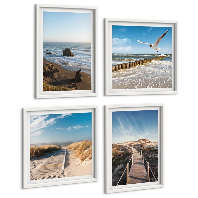 Galeria 4 Obrazów ArtPrintCave (2x50x50+2x40x60cm) Biała rama Plaża fale niebo molo spacer 1 kpl.