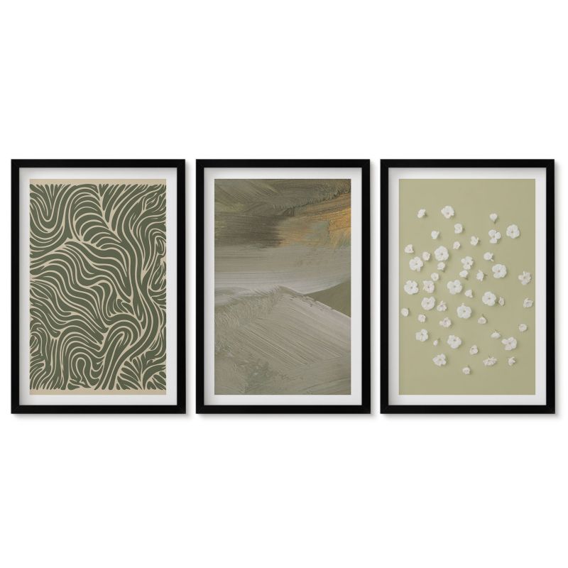 Zestaw 3 obrazów w czarnych ramach Tulup 40x60 cm Wzory faliste abstrakcyjne kwiaty Obrazy do kuchni w ramie 1 kpl
