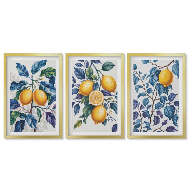 Komplet obrazów złota rama Tulup 40x60 cm Cytryny gałęzie błękitne liście Obrazy do kuchni w ramie 1 kpl