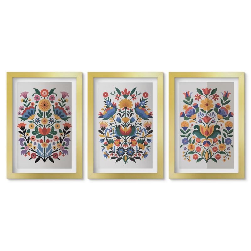 Zestaw 3 obrazów w złotych ramach Tulup 20x30 cm Kwiatowe wzory intensywne kolory Małe obrazy do kuchni w ramie 1 kpl