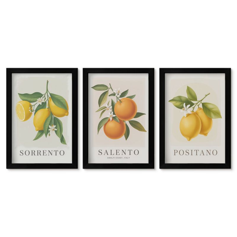 Trzy obrazy w czarnej ramie zestaw Tulup 20x30 cm Cytryny pomarańcze Amalfi Małe obrazy do kuchni w ramie 1 kpl