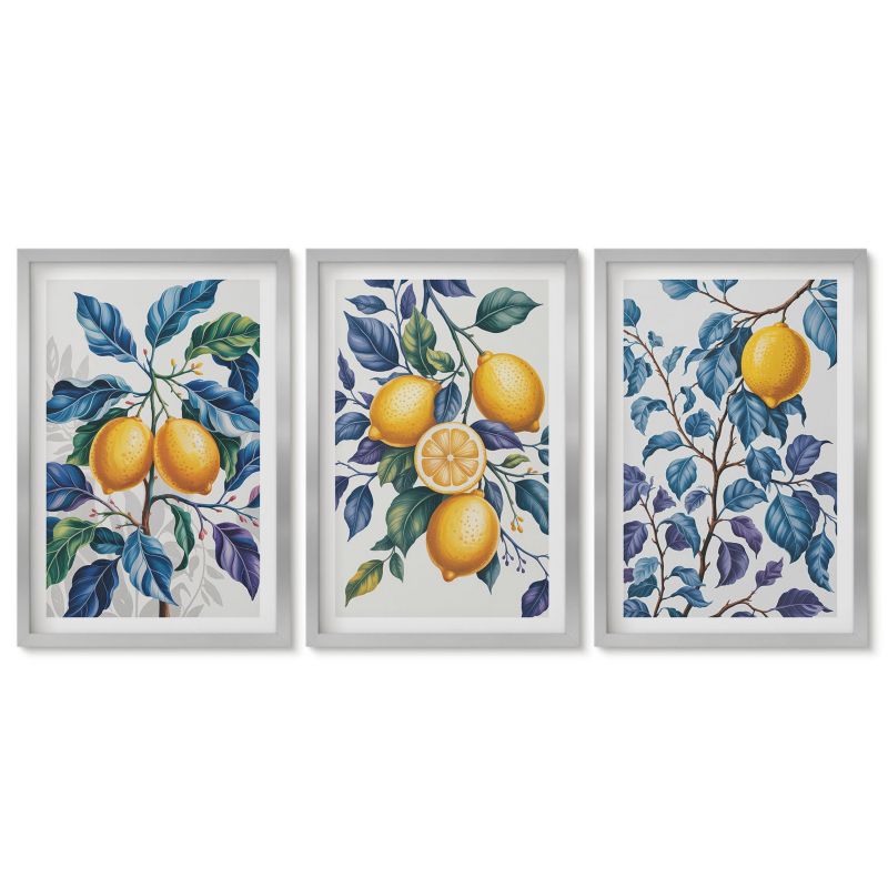 Komplet obrazów srebrna rama Tulup 40x60 cm Cytryny gałęzie błękitne liście Obrazy do kuchni w ramie 1 kpl