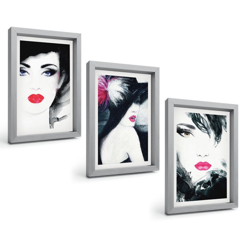 Galeria 3 Obrazów w Srebrnej Ramie ArtPrintCave 20x30 cm Komplet ścienny Portrety kobiet z ustami 1 kpl.