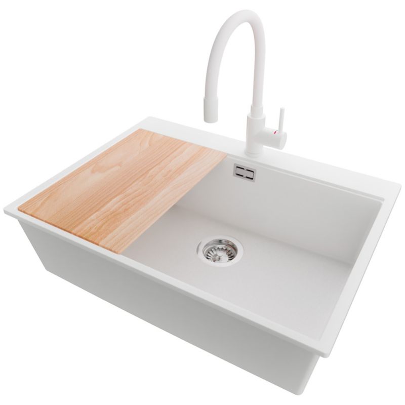 Zlew Granitowy Narożny Oslo Top PRIMAGRAN Nablatowy 68x50cm do Szafki od 70cm, Biały + Bateria + Syfon + Deska, S515, 1 szt.