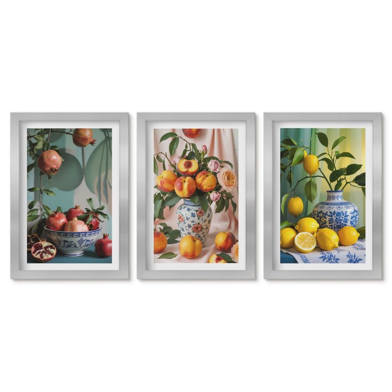 Obrazy w srebrnej ramie Tulup 20x30 cm Owoce granatu brzoskwinie cytryny Małe obrazy do kuchni w ramie 1 kpl