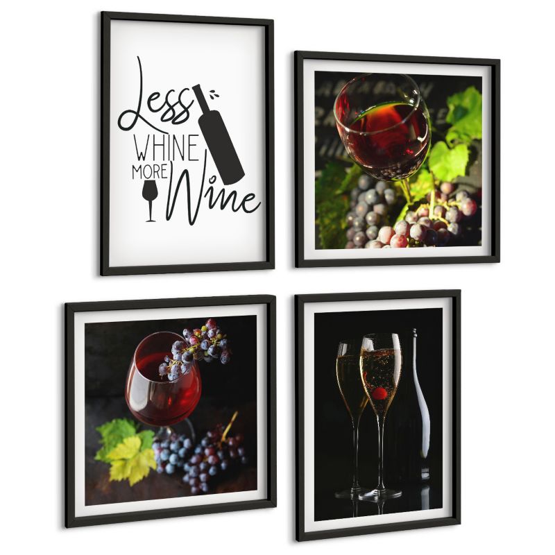 Czteroczęściowy Zestaw Obrazów ArtPrintCave (2x50x50+2x40x60cm) Czarna rama Kieliszki wina winogrona napis 1 kpl.