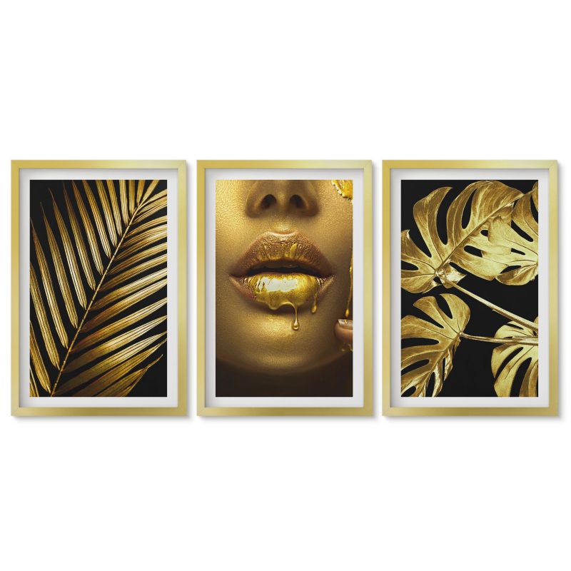 Zestaw 3 obrazów w złotej ramie Tulup 40x60 cm Palma monstera usta kobiety Obrazy do kuchni w ramie 1 kpl