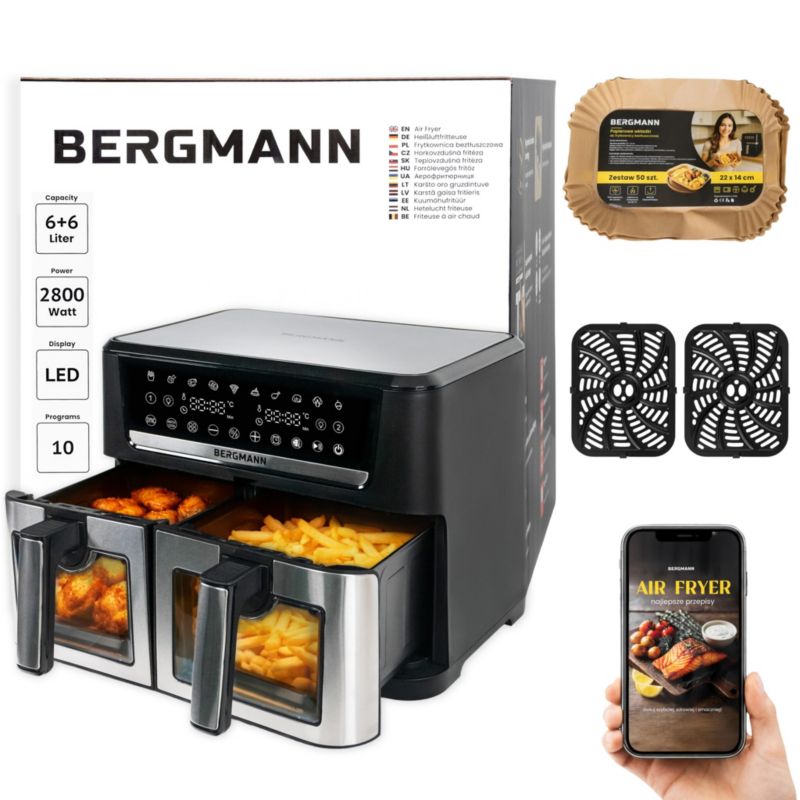 Frytkownica beztłuszczowa BERGMANN YO airfryer frytownica 2 komory poziome 6L+6L 2800W 10 programów 1szt.