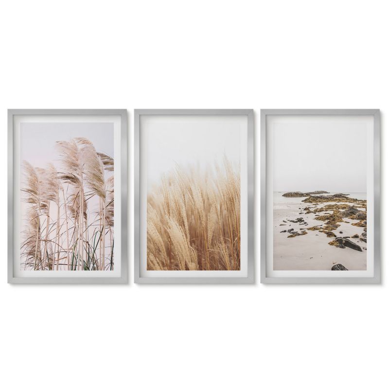 Komplet obrazów srebrna rama Tulup 40x60 cm Pola pampas traw i plaża boho Obrazy do kuchni w ramie 1 kpl