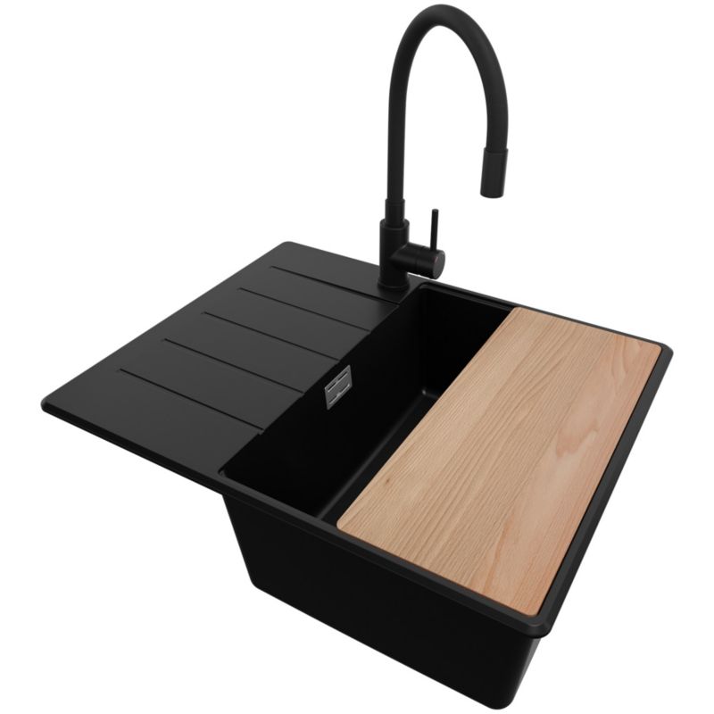 Zlew Granitowy Narożny Kopenhaga PRIMAGRAN Nablatowy 62x50cm do Szafki od 45cm, Czarny + Bateria + Syfon + Deska, S271, 1 szt.