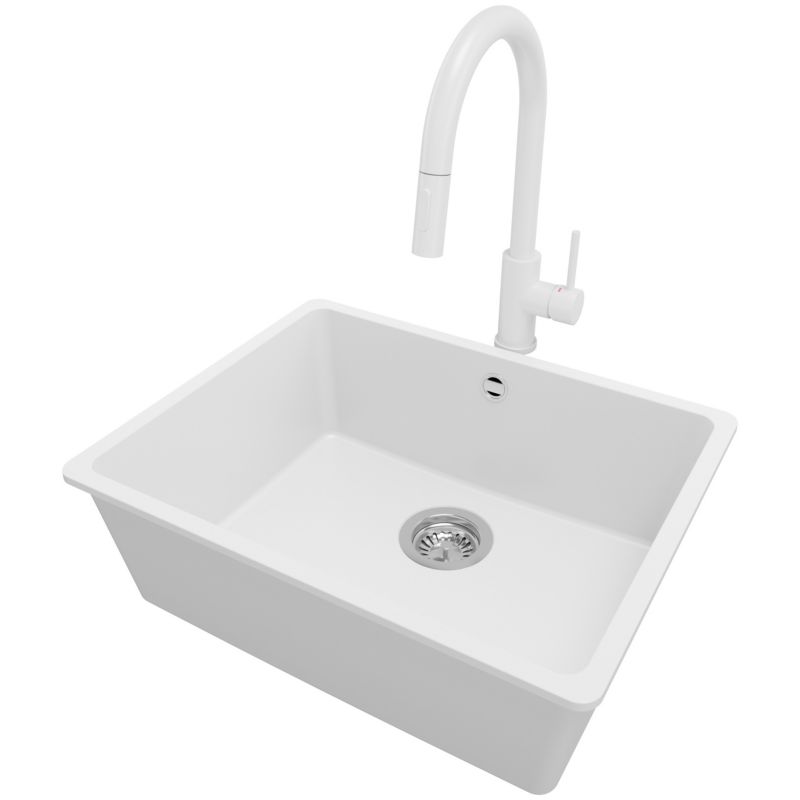 Zlew Granitowy Narożny Wenecja Easy Slim PRIMAGRAN Nablatowy 56x44cm do Szafki od 60cm, Biały + Bateria + Syfon, S081, 1 szt.