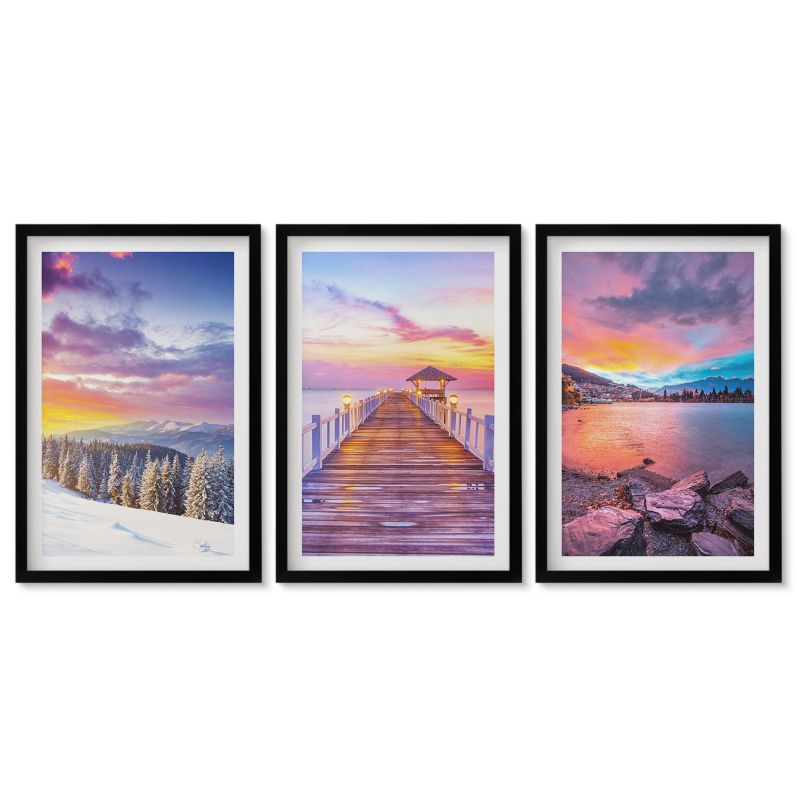 Zestaw 3 obrazów w czarnych ramach Tulup 40x60 cm Zimowy krajobraz górski jezioro Obrazy do kuchni w ramie 1 kpl