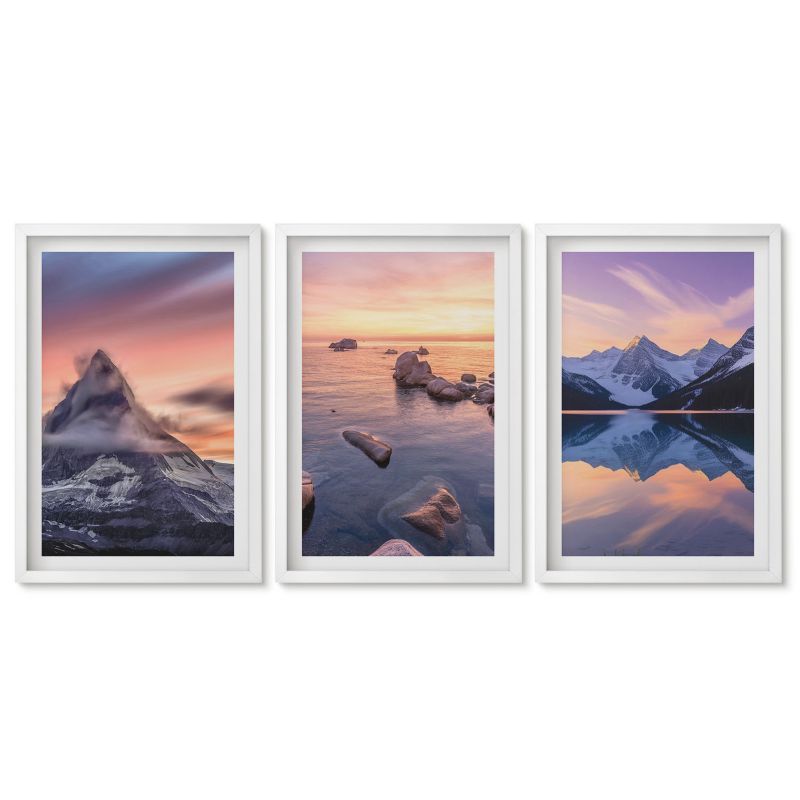 Tryptyk w białej ramie Tulup 40x60 cm Krajobraz gór jezioro zachód Obrazy do kuchni w ramie 1 kpl