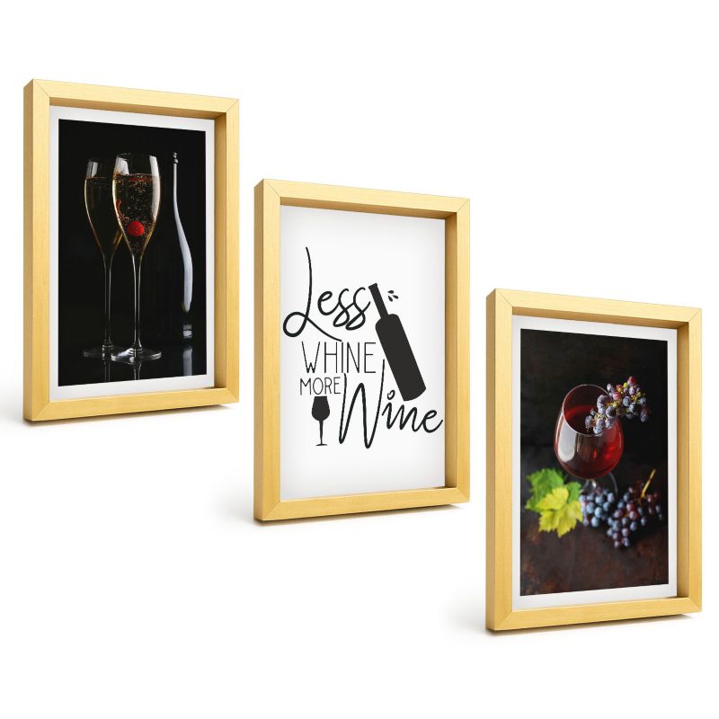 Trzyczęściowy Zestaw Obrazów ArtPrintCave 20x30 cm Złota rama Kieliszki wina winogrona napis 1 kpl.
