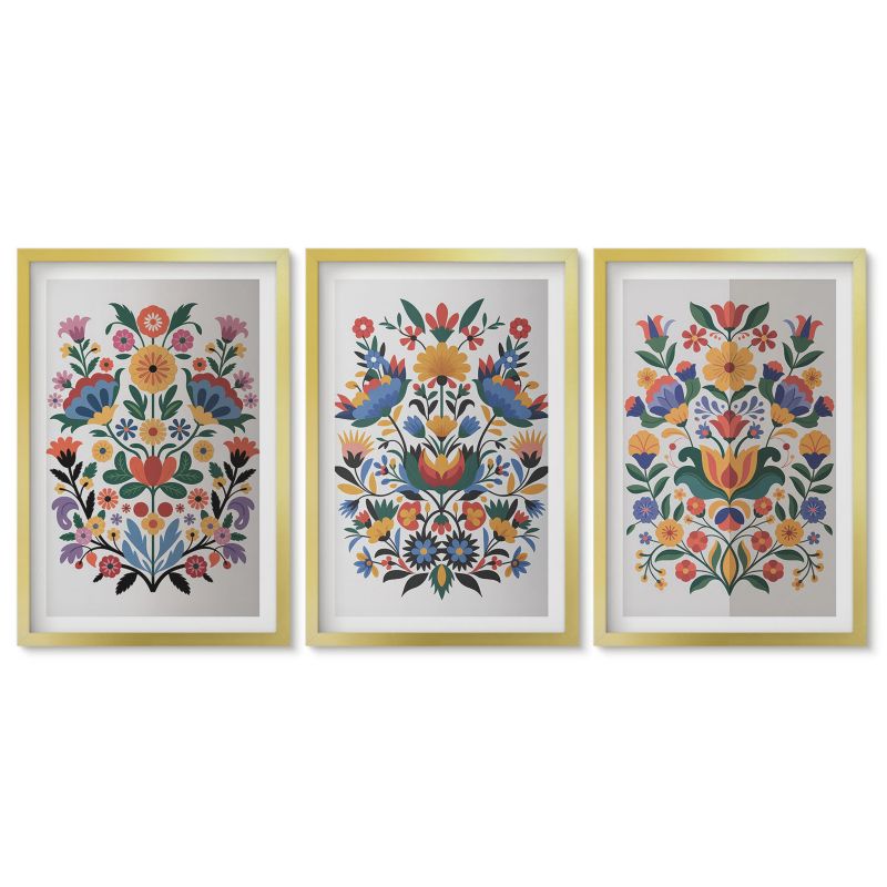 Zestaw 3 obrazów w złotych ramach Tulup 40x60 cm Kwiatowe wzory intensywne kolory Obrazy do kuchni w ramie 1 kpl