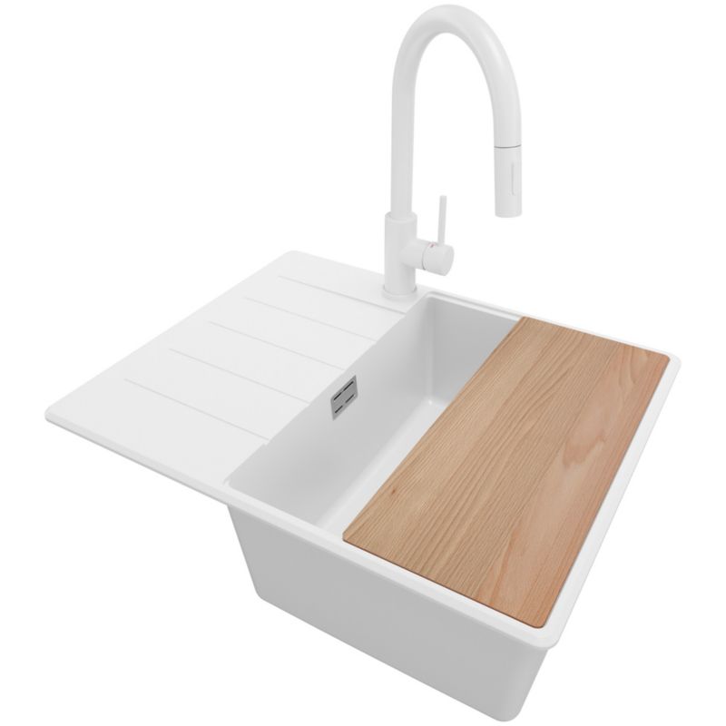 Zlew Granitowy Narożny Kopenhaga PRIMAGRAN Nablatowy 62x50cm do Szafki od 45cm, Biały + Bateria + Syfon + Deska, S265, 1 szt.