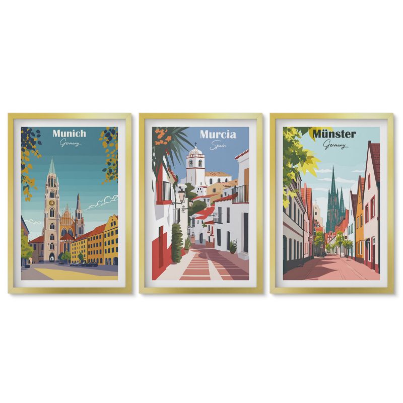 Komplet obrazów złota rama Tulup 40x60 cm Miasta Europy kolorowe rysunki Dekoracja ścienna do przedpokoju 1 kpl