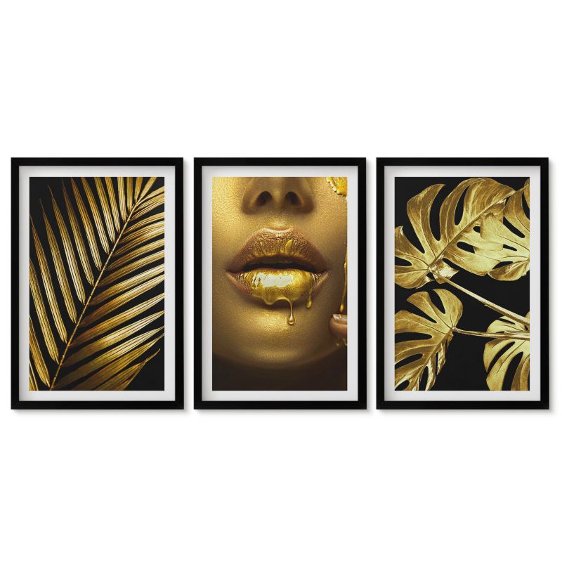 Zestaw 3 obrazów w czarnej ramie Tulup 40x60 cm Palma monstera usta kobiety Obrazy do kuchni w ramie 1 kpl