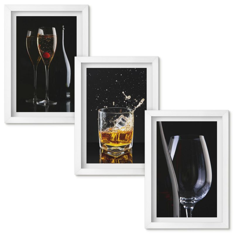Obrazy do Salonu Wallfluent Kieliszki wina whisky tło czarne Biała rama 20x30cm 3 szt.