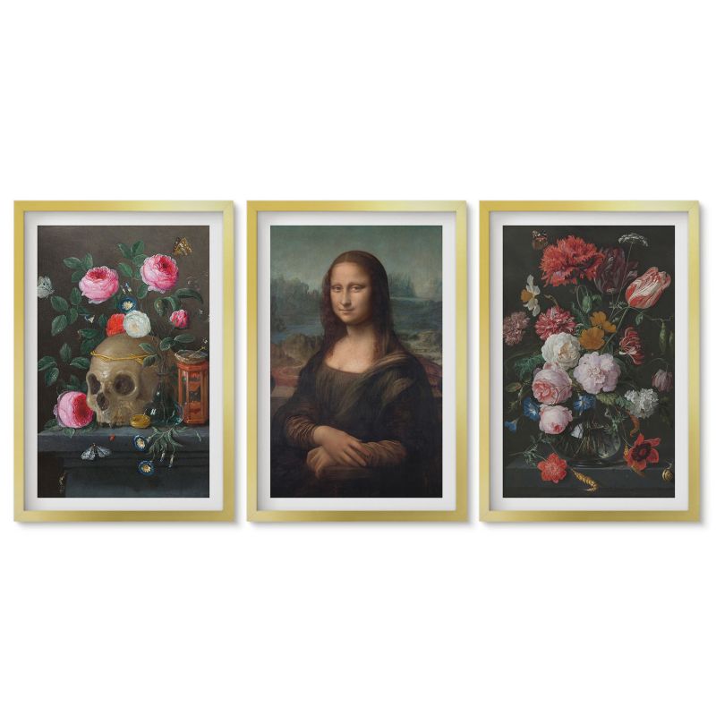 Komplet obrazów złota rama Tulup 40x60 cm Kwiaty czaszka portret Mona Lisy Obrazy do kuchni w ramie 1 kpl