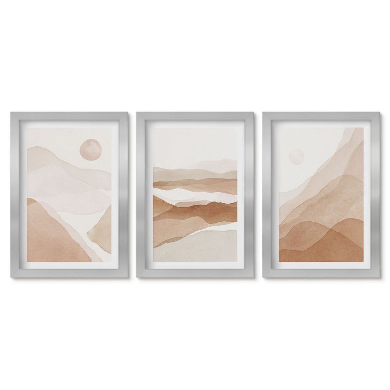 Tryptyk w srebrnej ramie Tulup 20x30 cm Abstrakcyjne pejzaże brązowe Małe obrazy do kuchni w ramie 1 kpl