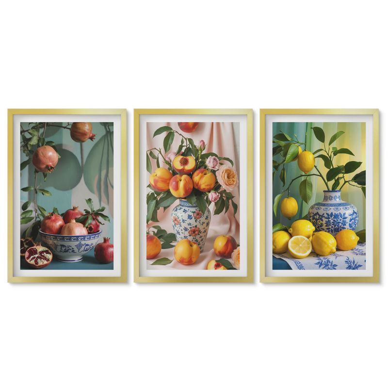 Obrazy w złotej ramie Tulup 40x60 cm Owoce granatu brzoskwinie cytryny Obrazy do kuchni w ramie 1 kpl